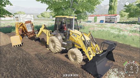 Jcb Backhoe And Case Excavator Digging For Drainage Construction Fs19