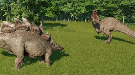 Stegosaurus Vs T Rex Jurassic World Evolution Youtube
