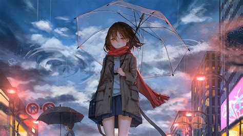 1920x1080 Anime Girl Walking In Rain With Umbrella 4k