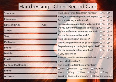 hairdressing client card treatment consultation card