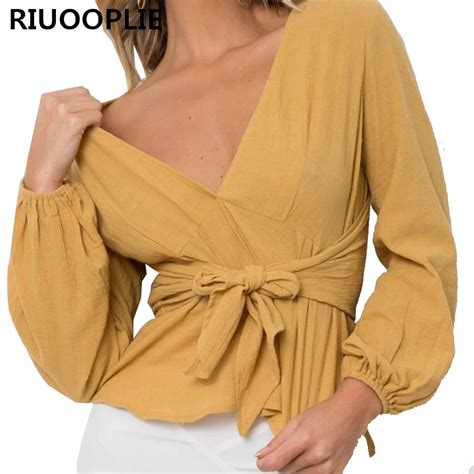 RIUOOPLIE Wrap V Neck Blouse Women Shirts Spring Fashion Lantern Long