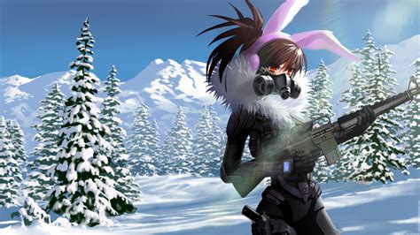 Wallpaper Anime Girl Gun Armored Gas Mask Bunny Ears