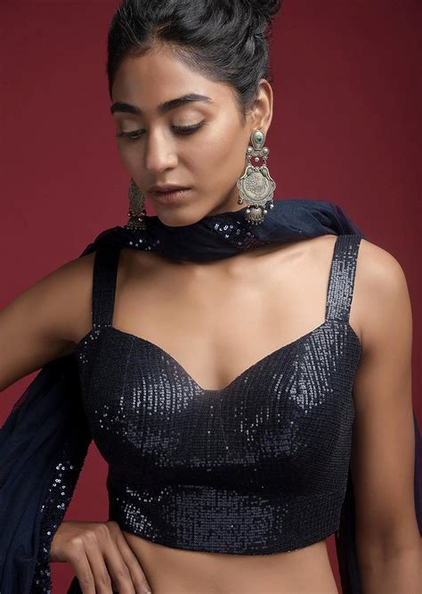 Buy Navy Blue Blouse In Sequins Fabric With Corset Neckline Online Kalki Fashion