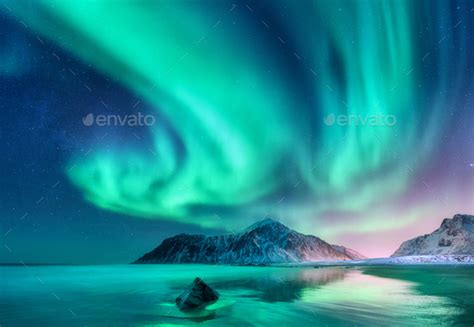 Aurora Borealis Northern Lights In Lofoten Islands Norway Stock Photo