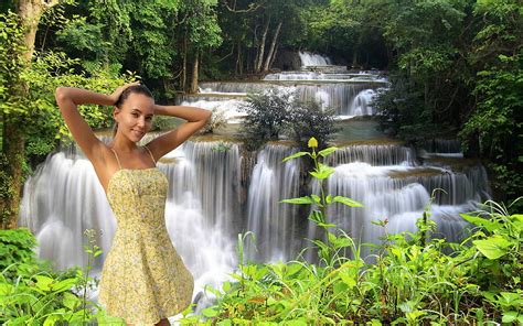 1366x768px 720p Free Download Katya Clover At A Waterfall Waterfall