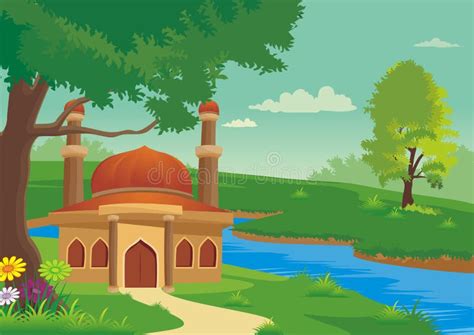 Islamic Cartoons With Mosque And Beautiful Natural Scenery Stock