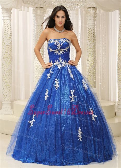 White Appliques Paillette Throughout Royal Blue Sweet 16 Quinceanera Dress