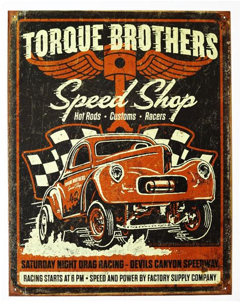 Torque Brothers Speed Shop Tin Sign Hot Rods Drag Racing Customs Racers