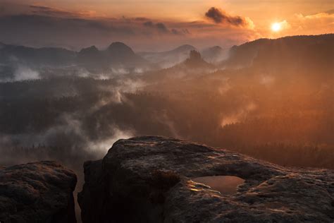 Rock Hill Fog Clouds Forest Sunset 5k Hd Nature 4k Wallpapers Images