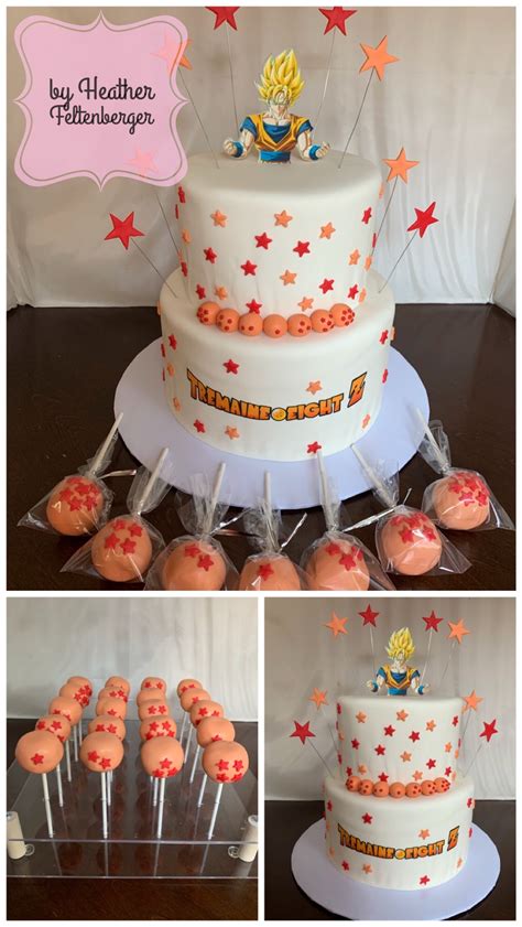 Dragon ball z birthday cake character is an edible image on fondant. Dragonball Z 2-tier cake and cake pops | Dragonball z cake, Cake pops, Cake