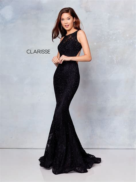 3748 Black Stretch Lace Fit To Flare Prom Dress With An Open Back