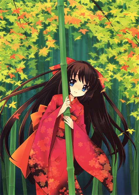 Anime Girl Brown Hair Kimono Long Hair Ribbon Smile Tree