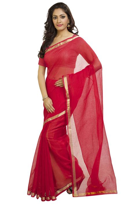Buy Red Plain Cotton Saree With Blouse Online