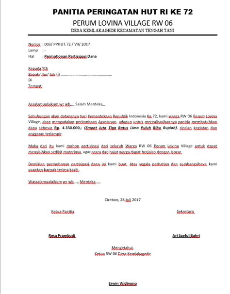 Contoh Surat Permohonan Bantuan Dana dan Proposal Kegiatan HUT RI