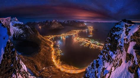 Norway Night Mountains Lofoten Islands Cityscape Winter