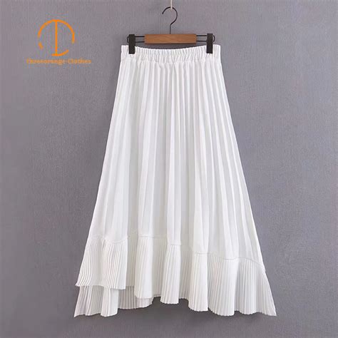 Summer White Skirt Women Fashion Elegant A Line Pleated Asymmetric Design Elastic Waist Casual