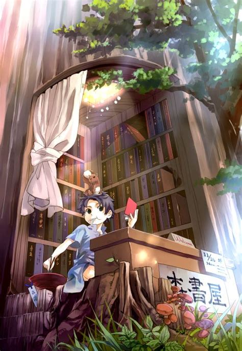 An Anime Character Standing In Front Of A Bookshelf Filled With Books