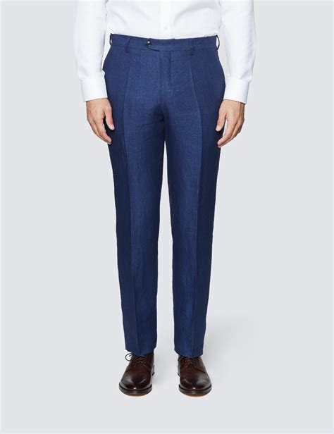Mens Royal Blue Herringbone Tailored Fit Linen Pants 1913 Collection
