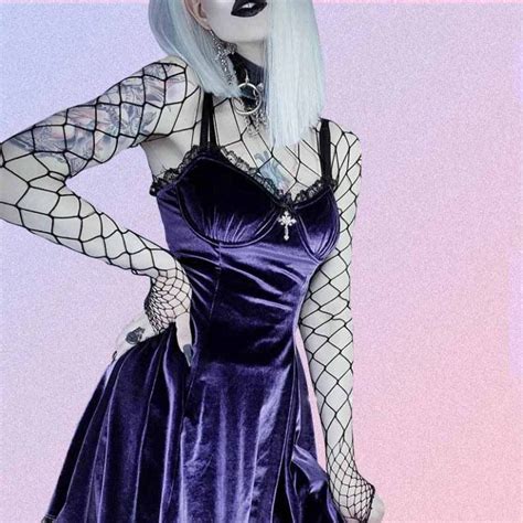 Lace Velor Black Purple Sleeveless Goth Aesthetic Dress Goth