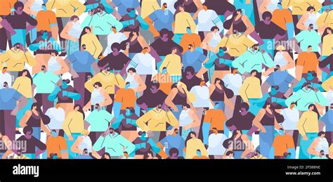 People Crowd Men Women Standing Together Cartoon Characters Portraits