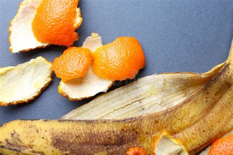 Banana Orange Peels Grey Background Stock Photos Free And Royalty Free