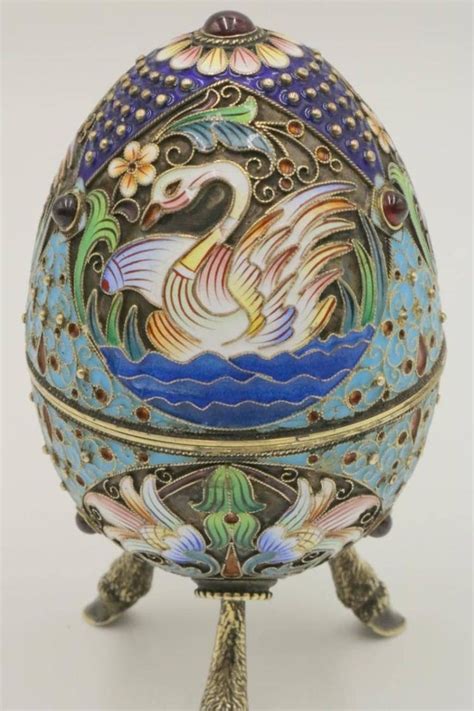Faberge Russian 84 Silver Enamel And Ruby Footed Egg At 1stdibs