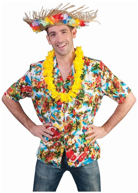 A Man Wearing A Hawaiian Shirt And Flower Lei Standing With His Hands