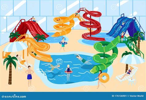 Water Park Slide Vector Illustration With People Having Fun On