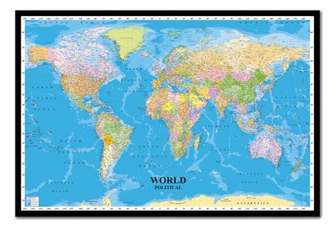 Political World Map Pinboard Large Framed Cork Board With Pins Ready