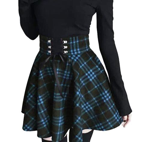 Gothic Lolita Skirt For Women Ladies Plaid Pleated Ball Gown High