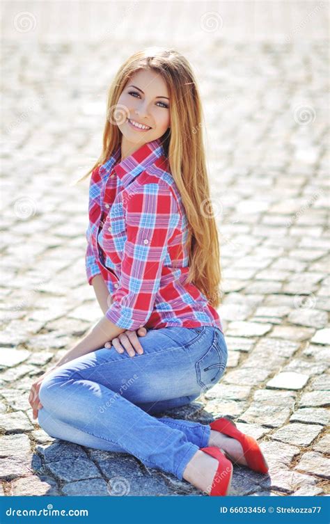 Outdoor Summer Portrait Of Young Pretty Cute Blonde Girl Beautiful