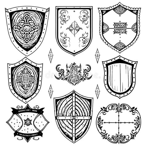 Hand Drawn Medieval Shields Set Stock Vector Illustration Of