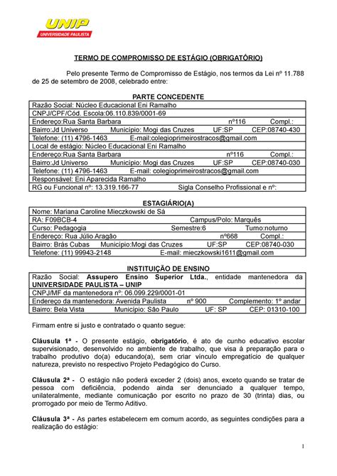 Termocompromisso Documento Estágio Termo De Compromisso De EstÁgio