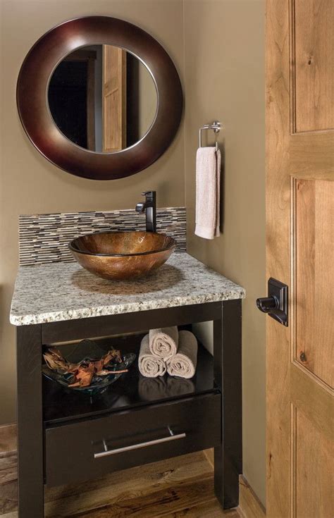 Vessel Sink Vanity In Powder Room Transitional With Glass Sink Browns