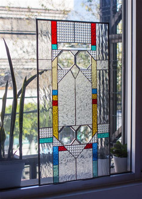 Frank Lloyd Wright Insprd Geometric Tiffany Style Stained Glass Window Panel Owl Eyes
