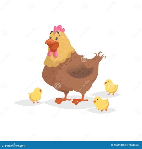 Cartoon Funny Brown Hen With Little Yellow Chickens Comic Trendy Flat