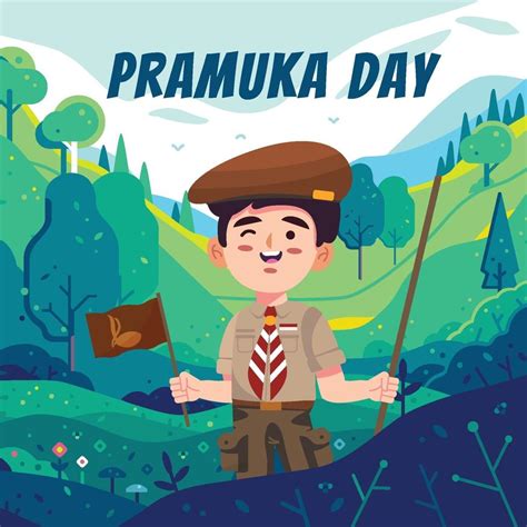 Boyscout Holding Flag And Stick During Pramuka Event 3095620 Vector Art
