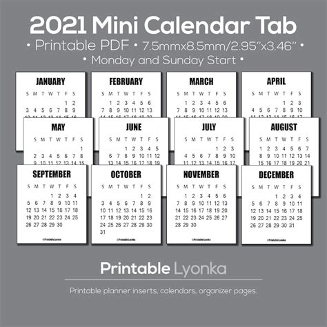 2021 Mini Calendar Tabsize 295 X 346inchprintable Pdf Etsy
