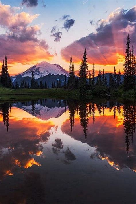 Sunset With Mount Rainier Reflected In Tipsoo Lake Washington Usa