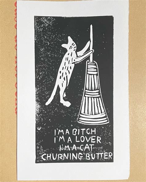 Cat Churning Butter Lino Print Etsy
