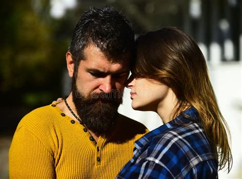 Girl And Bearded Guy Or Happy Lovers On Date Hug Stock Image Image Of