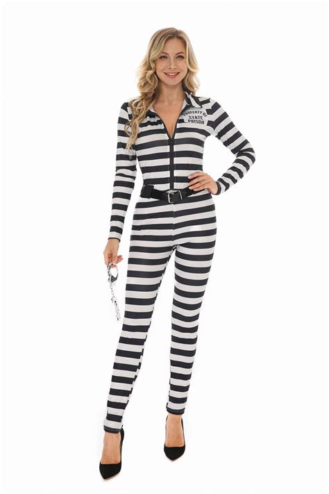 intimate inmate black and white stripes prisoner halloween costume for women jailbird prison