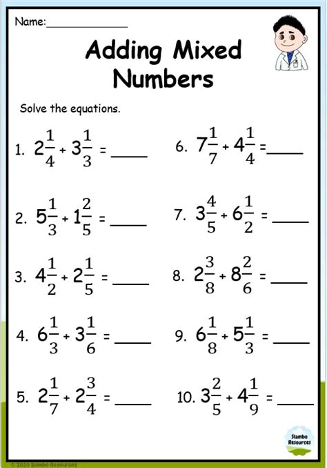 Grade 6 Adding Mixed Numbers Worksheets Math Worksheets