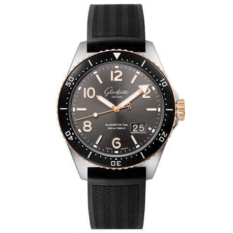new glashütte original seaq panorama date black dial on rubber pin buckle strap steel and gold