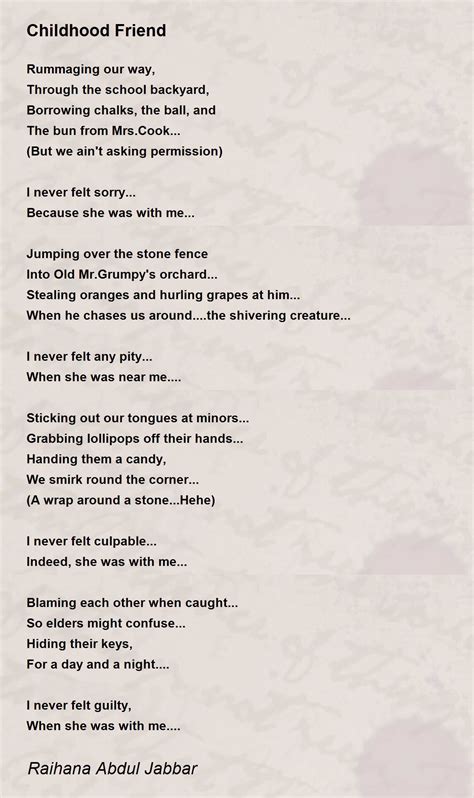 Childhood Friend By Raihana Abdul Jabbar Childhood Friend Poem