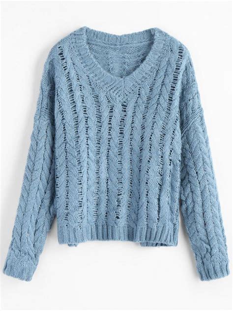 36 Off 2021 V Neck Chunky Cable Knit Sweater In Light Blue Zaful