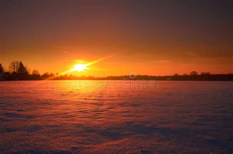 A Beautiful Winter Landscape With Rising Sun In Northern Europe Stock