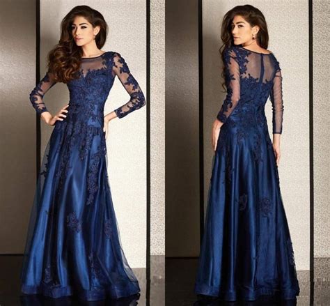 Navy Blue Long Sleeves Arabic Prom Dresses 2016 A Line Sheer Neck