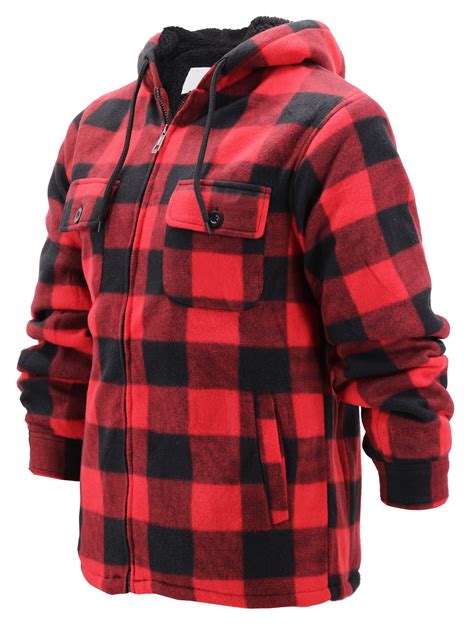 men s heavyweight flannel zip up fleece lined plaid sherpa hoodie jacket mfj130 red m