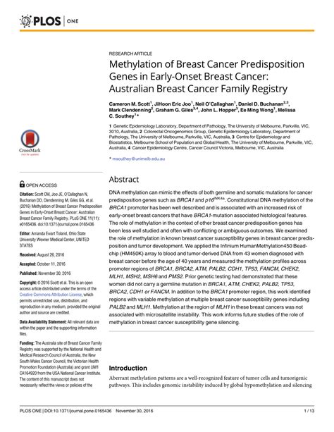 Pdf Methylation Of Breast Cancer Predisposition Genes In Early Onset Breast Cancer Australian